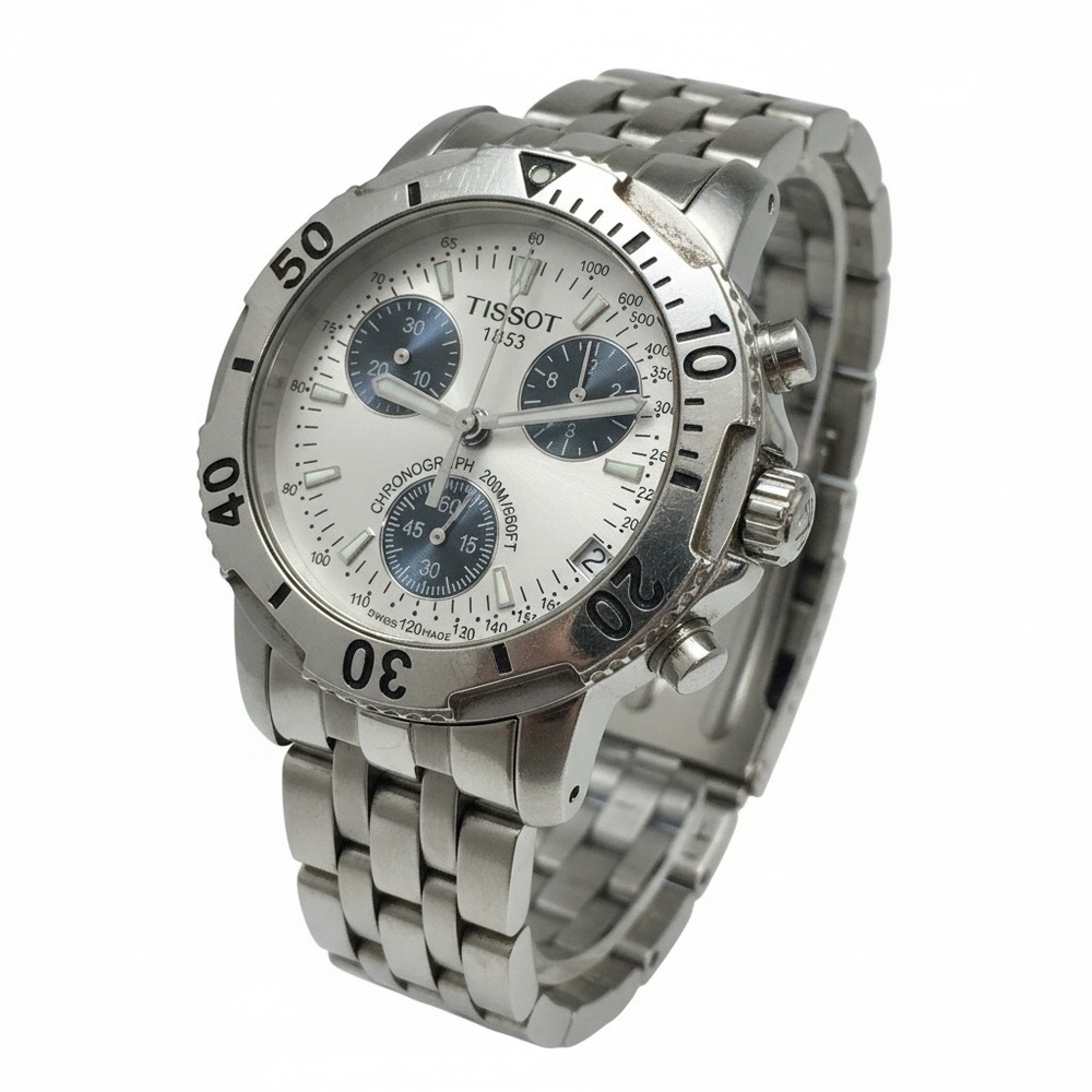 Tissot Silver Watch with White Dial and Dark Blue Subdials​​